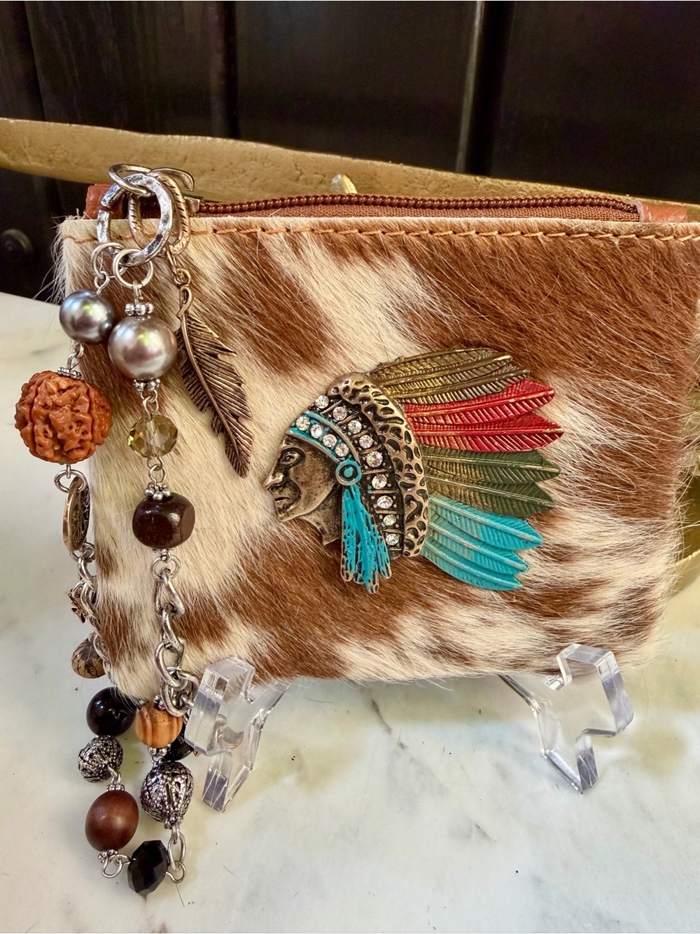 Boho Genuine Cowhide Hair on Wristlet Wallet Clutch with Native Indian Headdress